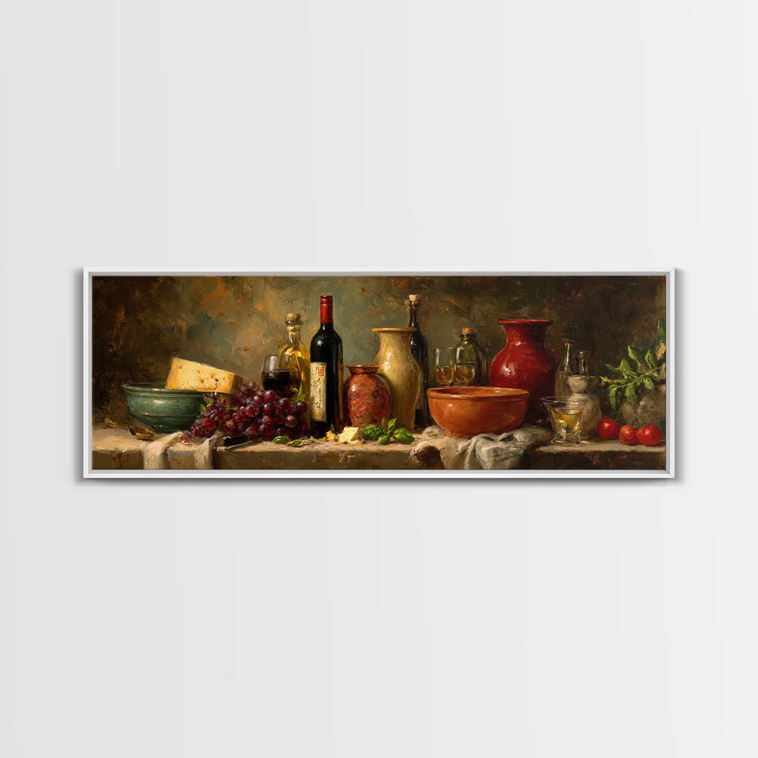 Wine Bottle Grapes and Cheese Still Life Framed Canvas Print, Kitchen Art, Room Decor, Kitchen Decor, Abstract Art, Kitchen, KIT-3x1-52