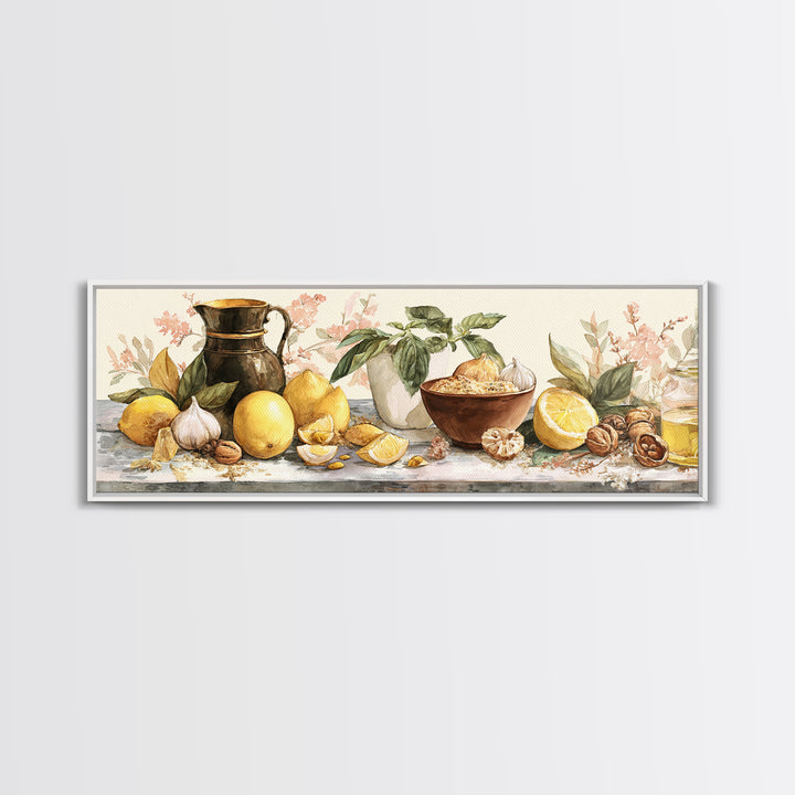 Pasta Lemons and Basil Mediterranean Still Life Framed Canvas Print, Kitchen Art, Coffee Art, Kitchen Decor, Fine Art, Kitchen, KIT-3x1-57