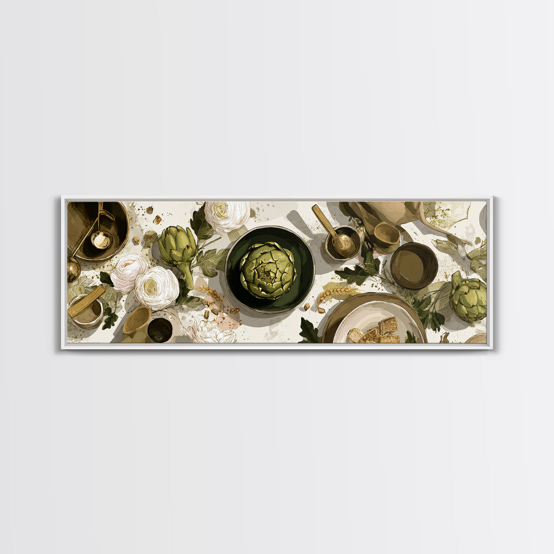 Artichoke Closeup in Painterly Green Tones Framed Canvas Print, Kitchen Art, Boho Decor, Kitchen Decor, Fine Art, Kitchen, KIT-3x1-60