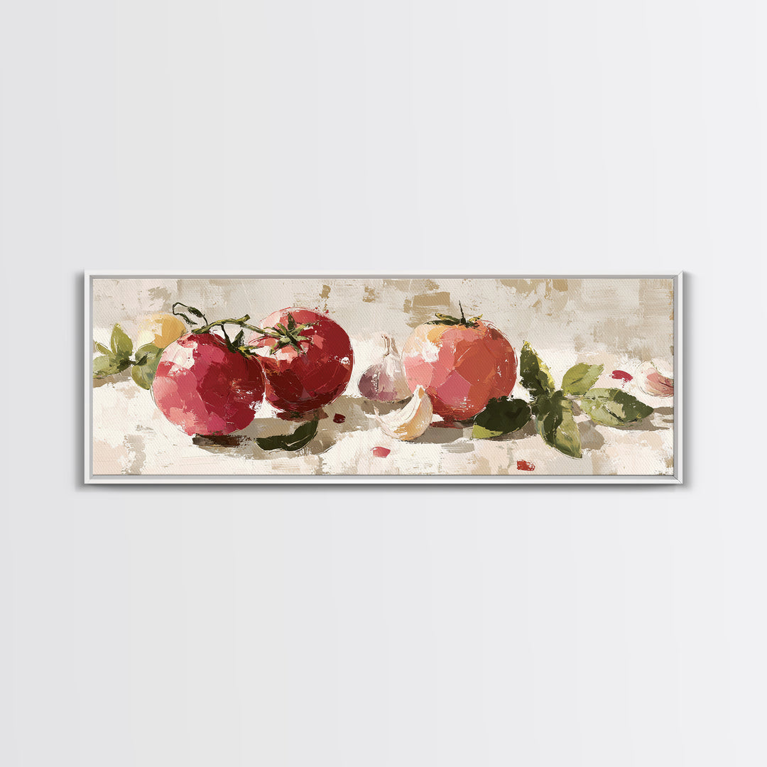 Tomatoes Garlic and Basil on Linen Framed Canvas Print, Kitchen Art, Digital Art, Kitchen Decor, Kitchen, Minimalist Wall Art, KIT-3x1-67