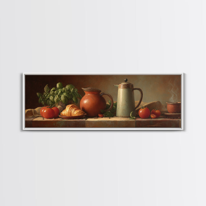 Coffee Pot and Croissant Morning Still Life Canvas Print, Kitchen Art, Printable Wall Art, Kitchen Decor, Fine Art, Kitchen, KIT-3x1-71
