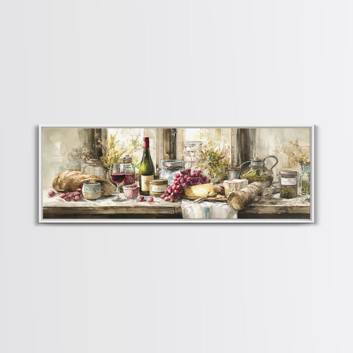 Wine Bottle Grapes and Cheese Still Life Canvas Print, Kitchen Art, Home Decor, Kitchen Decor, Fine Art, Kitchen, Digital Print, KIT-3x1-76