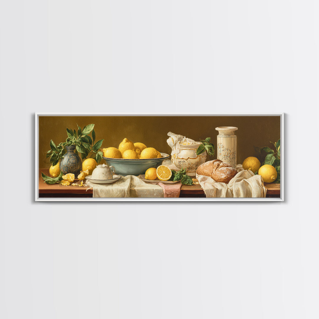 Pasta Lemons and Basil Mediterranean Still Life Framed Canvas Print, Kitchen Art, Coffee Art, Kitchen Decor, Fine Art, Kitchen, KIT-3x1-81