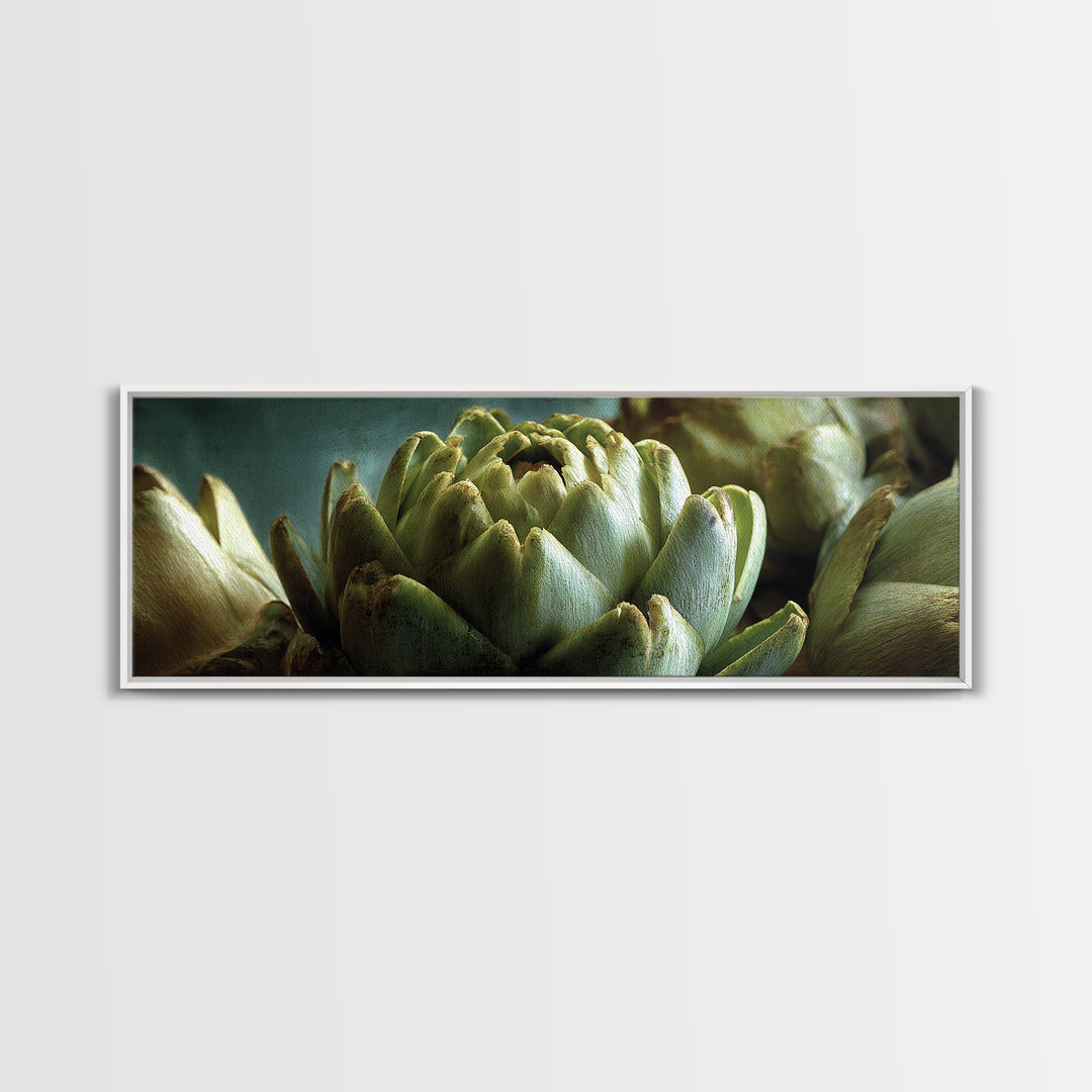 Artichoke Closeup in Painterly Green Tones Framed Canvas Print, Kitchen Art, Kitchen, Kitchen Decor, Fine Art, Kitchen, KIT-3x1-84