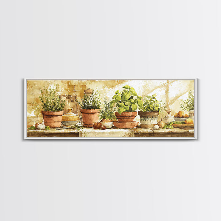 Fresh Herbs in Terracotta Pots Framed Canvas Print, Kitchen Art, Kitchen Art Print, Kitchen Decor, Oil Painting, Kitchen, KIT-3x1-89