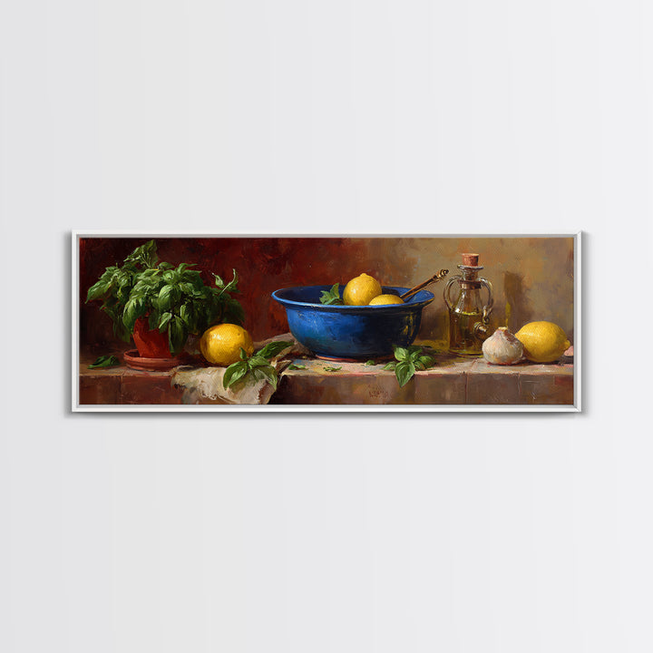 Lemons and Blue Ceramic Bowl Still Life Framed Canvas Print, Kitchen Art, Minimalist Wall Art, Kitchen Decor, Fine Art, Kitchen, KIT-3x1-90