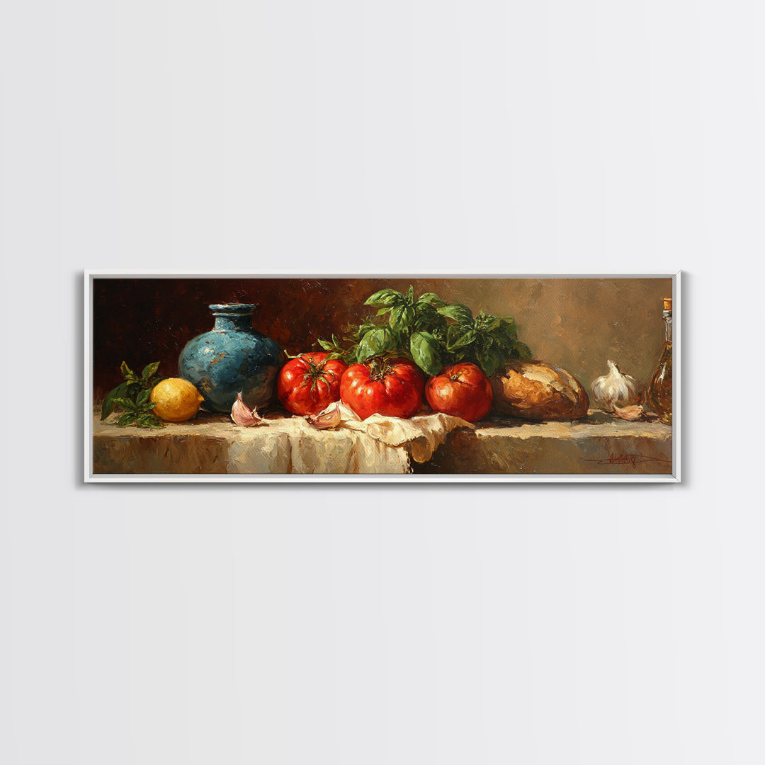 Tomatoes Garlic and Basil on Linen Canvas Print, Kitchen Art, Room Decor, Kitchen Decor, Abstract Art, Kitchen, Digital Art, KIT-3x1-91