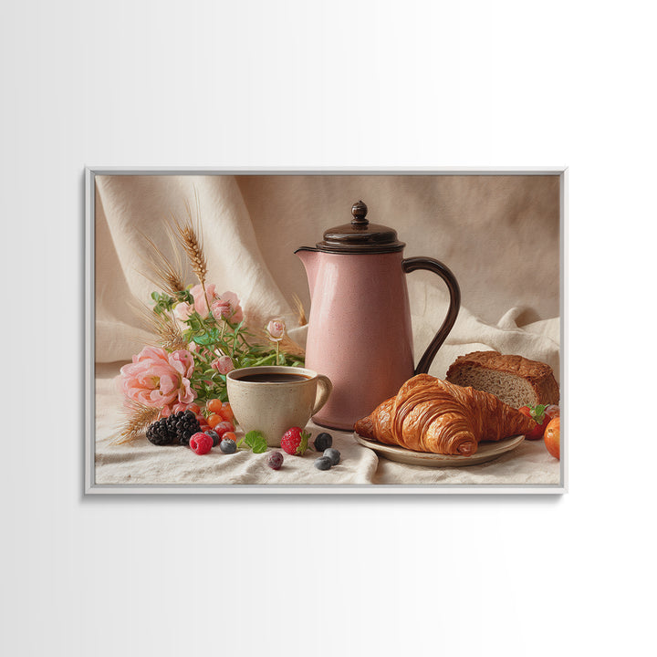Coffee Pot and Croissant Morning Still Life Canvas Print, Kitchen Art, Coffee Art, Kitchen Decor, Kitchen, Fine Art Print, KIT-3x2-11