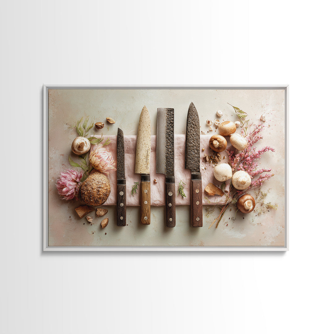Chef Knives and Herbs Arranged as Graphic Framed Canvas Print, Kitchen Art, Art Prints, Kitchen Decor, Fine Art, Kitchen, KIT-3x2-14