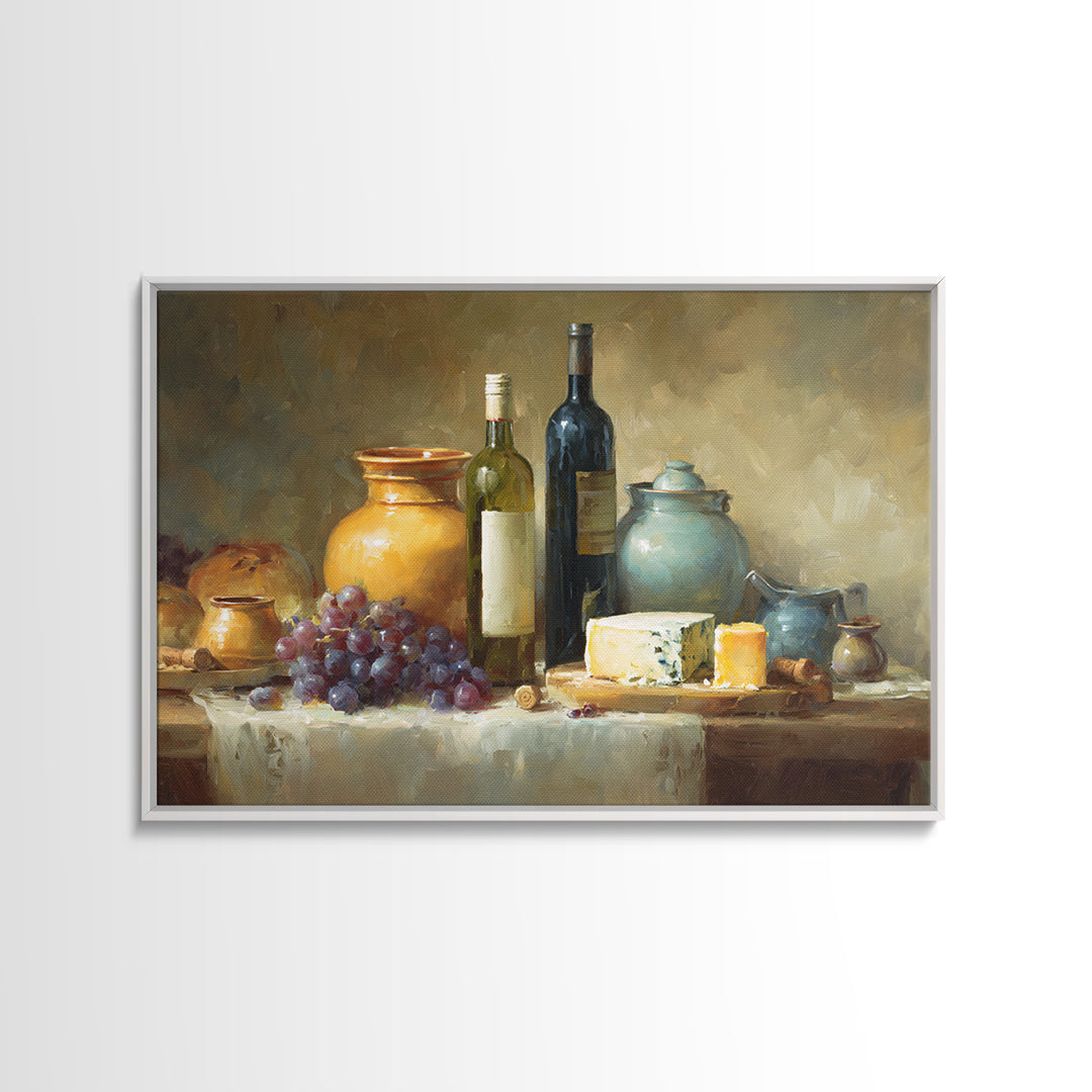 Wine Bottle Grapes and Cheese Still Life Canvas Print, Kitchen Art, Digital Print, Kitchen Decor, Watercolor Art, Kitchen, KIT-3x2-16