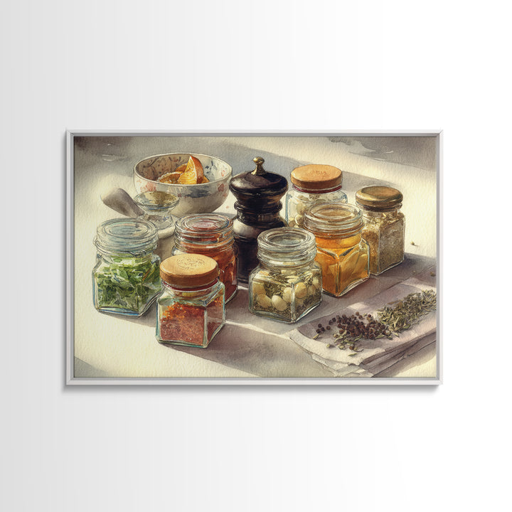 Watercolor Spice Jars Without Readable Labels Canvas Print, Kitchen Art, Kitchen Decor, Fine Art, Kitchen, Kitchen Art Print, KIT-3x2-17
