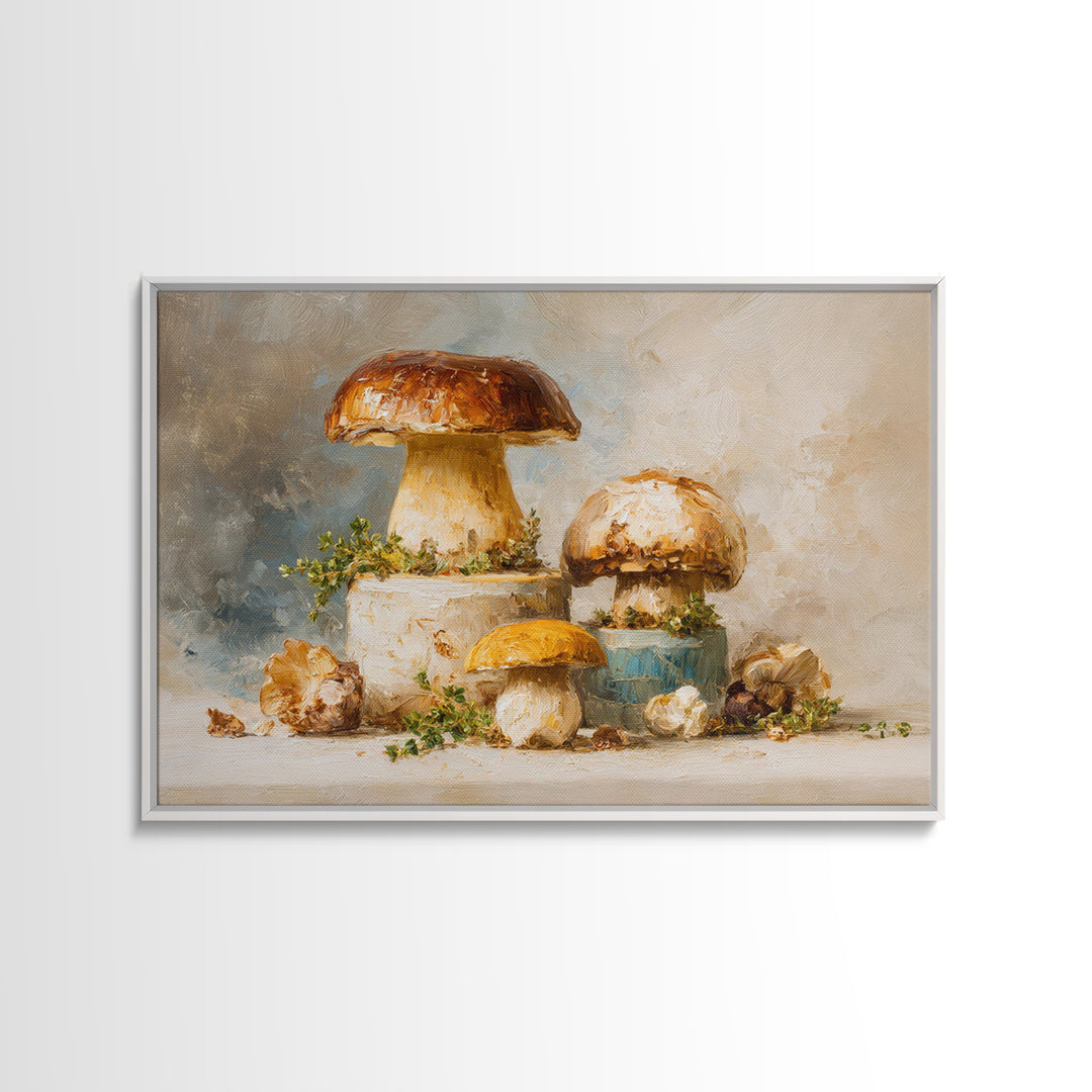 Mushrooms and Thyme Botanical Study Framed Canvas Print, Kitchen Art, Poster Art, Kitchen Decor, Fine Art, Kitchen, Boho Decor, KIT-3x2-19