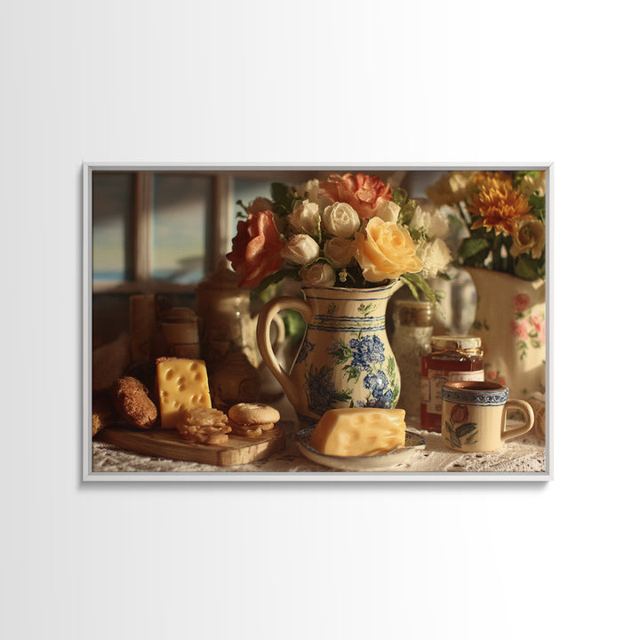 Floral Bouquet in a Kitchen Pitcher Framed Canvas Print, Kitchen Art, Art Deco, Kitchen Decor, Fine Art, Kitchen, Poster Art, KIT-3x2-28