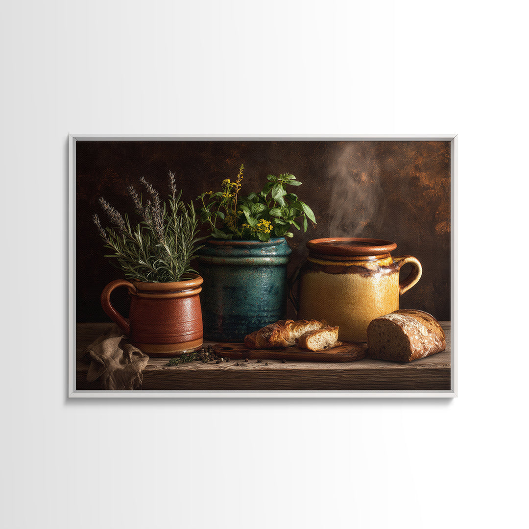 Fresh Herbs in Terracotta Pots Canvas Print, Kitchen Art, Dining Room Wall Art, Kitchen Decor, Fine Art, Kitchen, Luxury Decor, KIT-3x2-29