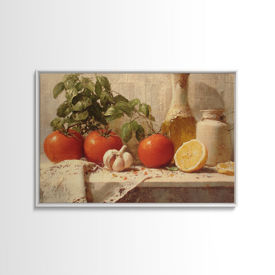 Tomatoes Garlic and Basil on Linen Framed Canvas Print, Kitchen Art, Trendy Wall Art, Kitchen Decor, Abstract Art, Kitchen, KIT-3x2-31