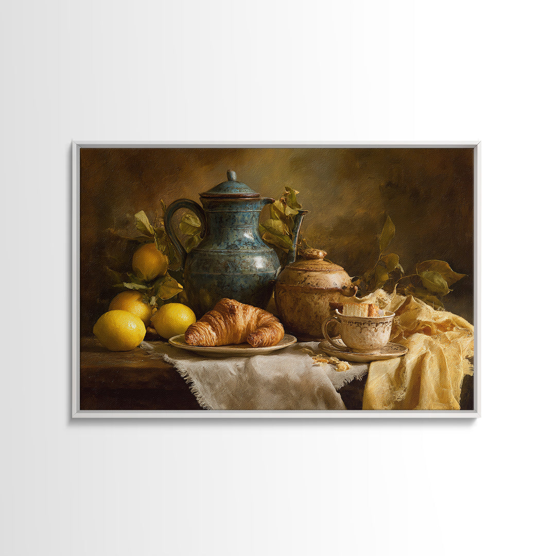 Coffee Pot and Croissant Morning Still Life Framed Canvas Print, Kitchen Art, Coffee Wall Art, Kitchen Decor, Fine Art, Kitchen, KIT-3x2-35