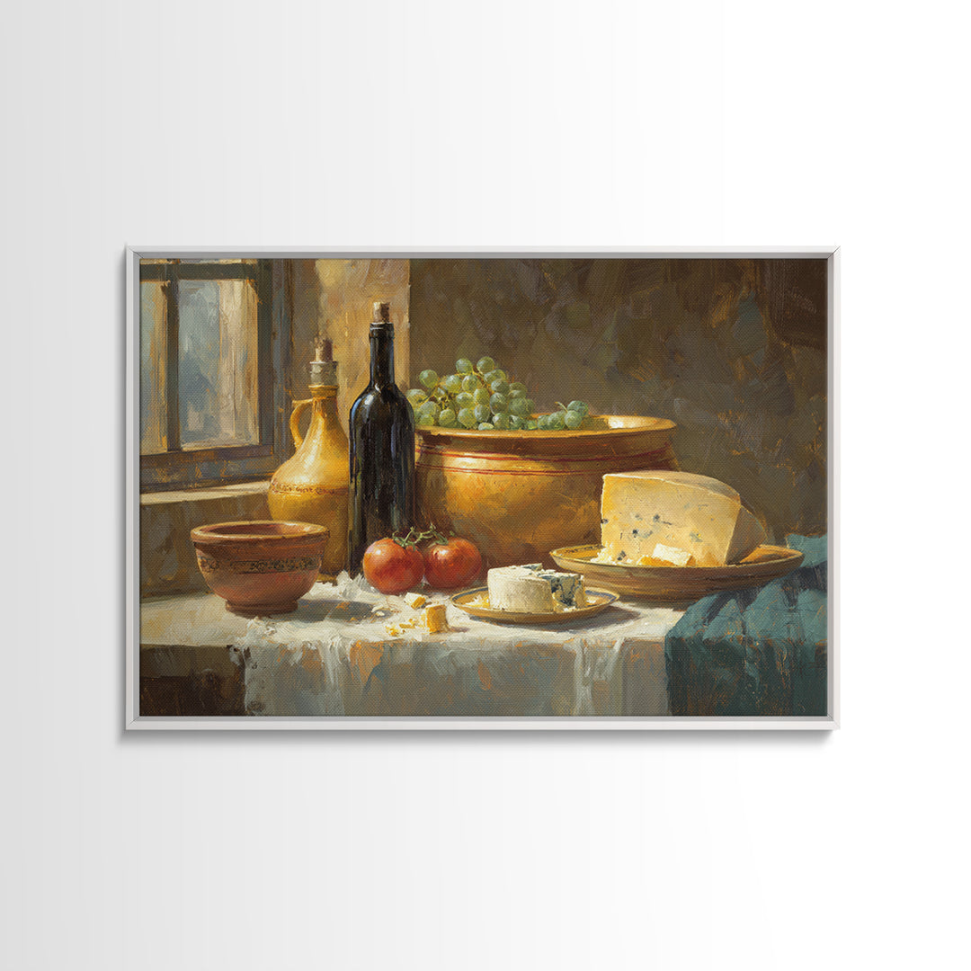 Wine Bottle Grapes and Cheese Still Life Framed Canvas Print, Kitchen Art, Modern Art, Kitchen Decor, Oil Painting, Kitchen, KIT-3x2-40