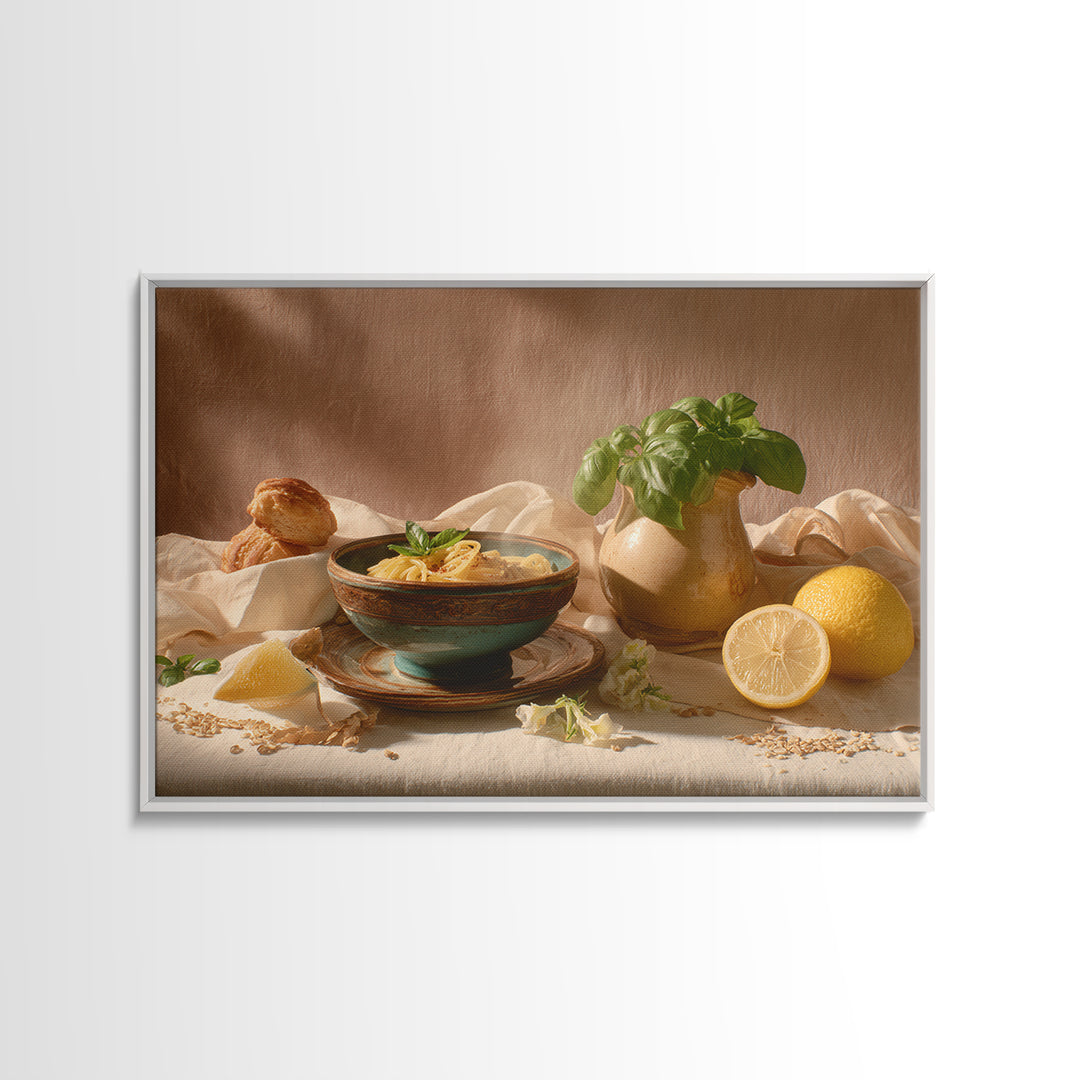 Pasta Lemons and Basil Mediterranean Still Life Framed Canvas Print, Kitchen Art, Poster Art, Kitchen Decor, Fine Art, Kitchen, KIT-3x2-45