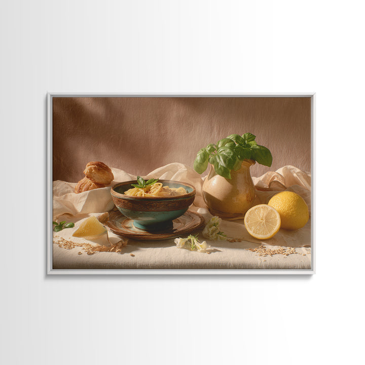 Pasta Lemons and Basil Mediterranean Still Life Framed Canvas Print, Kitchen Art, Poster Art, Kitchen Decor, Fine Art, Kitchen, KIT-3x2-45