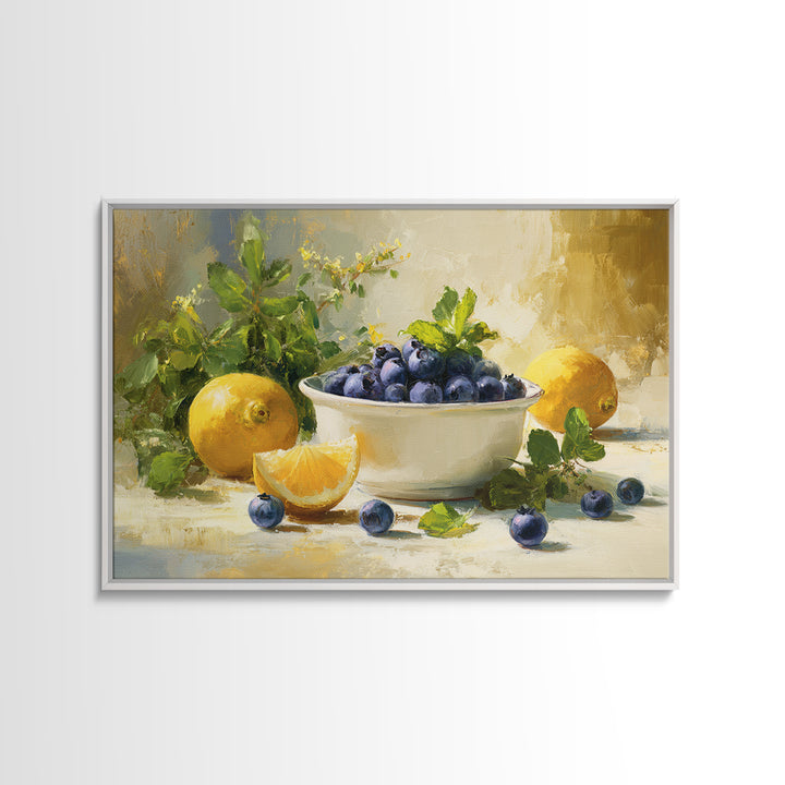 Blueberries in a White Bowl Framed Canvas Print, Kitchen Art, Room Decor, Kitchen Decor, Oil Painting, Kitchen, Digital Art, KIT-3x2-47