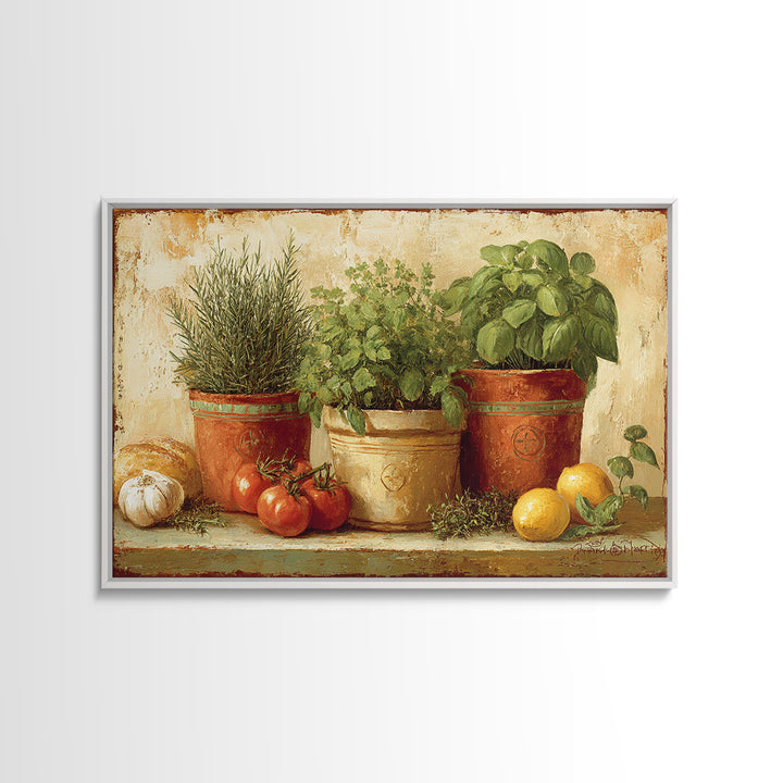 Fresh Herbs in Terracotta Pots Canvas Print, Kitchen Art, Dining Room Wall Art, Kitchen Decor, Fine Art, Kitchen, Luxury Decor, KIT-3x2-53
