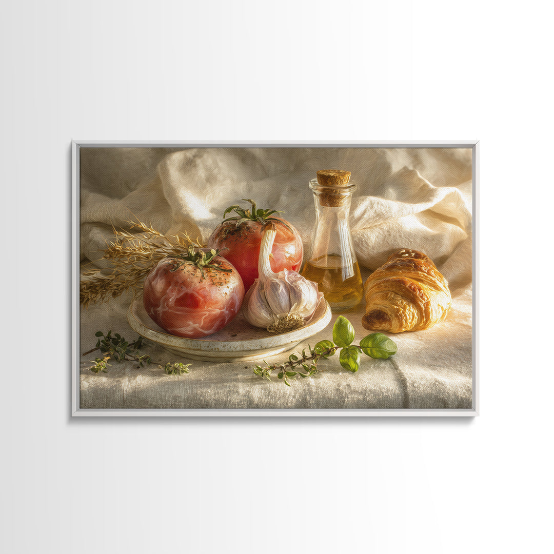 Tomatoes Garlic and Basil on Linen Framed Canvas Print, Kitchen Art, Kitchen, Kitchen Decor, Abstract Art, Kitchen, KIT-3x2-55