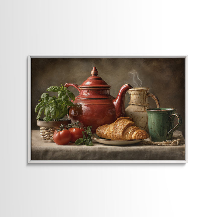 Coffee Pot and Croissant Morning Still Life Framed Canvas Print, Kitchen Art, Art Print, Kitchen Decor, Oil Painting, Kitchen, KIT-3x2-59