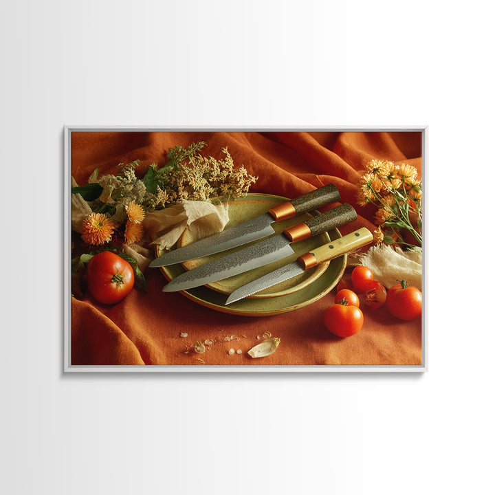 Chef Knives and Herbs Arranged as Graphic Canvas Print, Kitchen Art, Kitchen Wall Art, Kitchen Decor, Fine Art, Kitchen, KIT-3x2-62