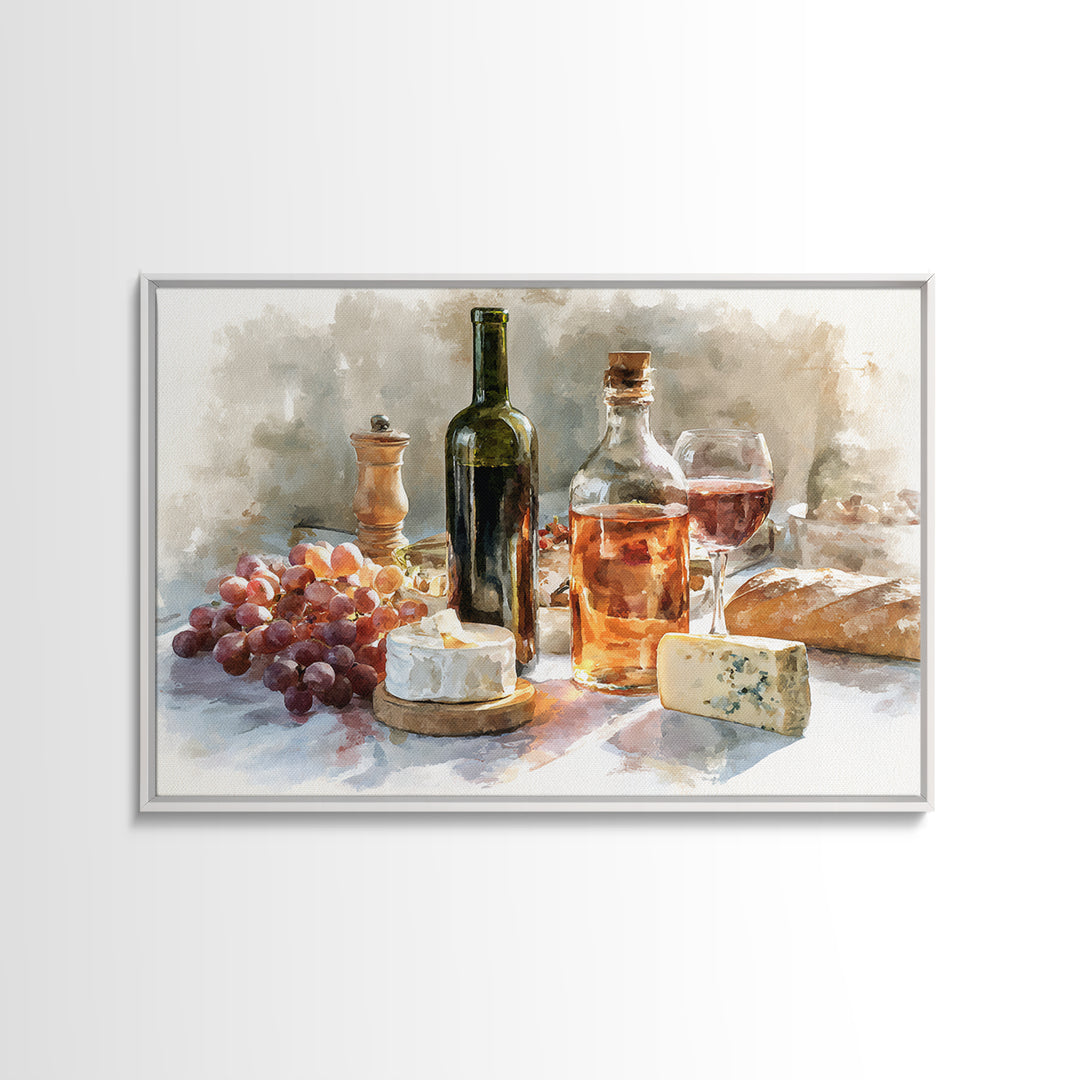 Wine Bottle Grapes and Cheese Still Life Framed Canvas Print, Kitchen Art, Gallery Decor, Kitchen Decor, Abstract Art, Kitchen, KIT-3x2-64