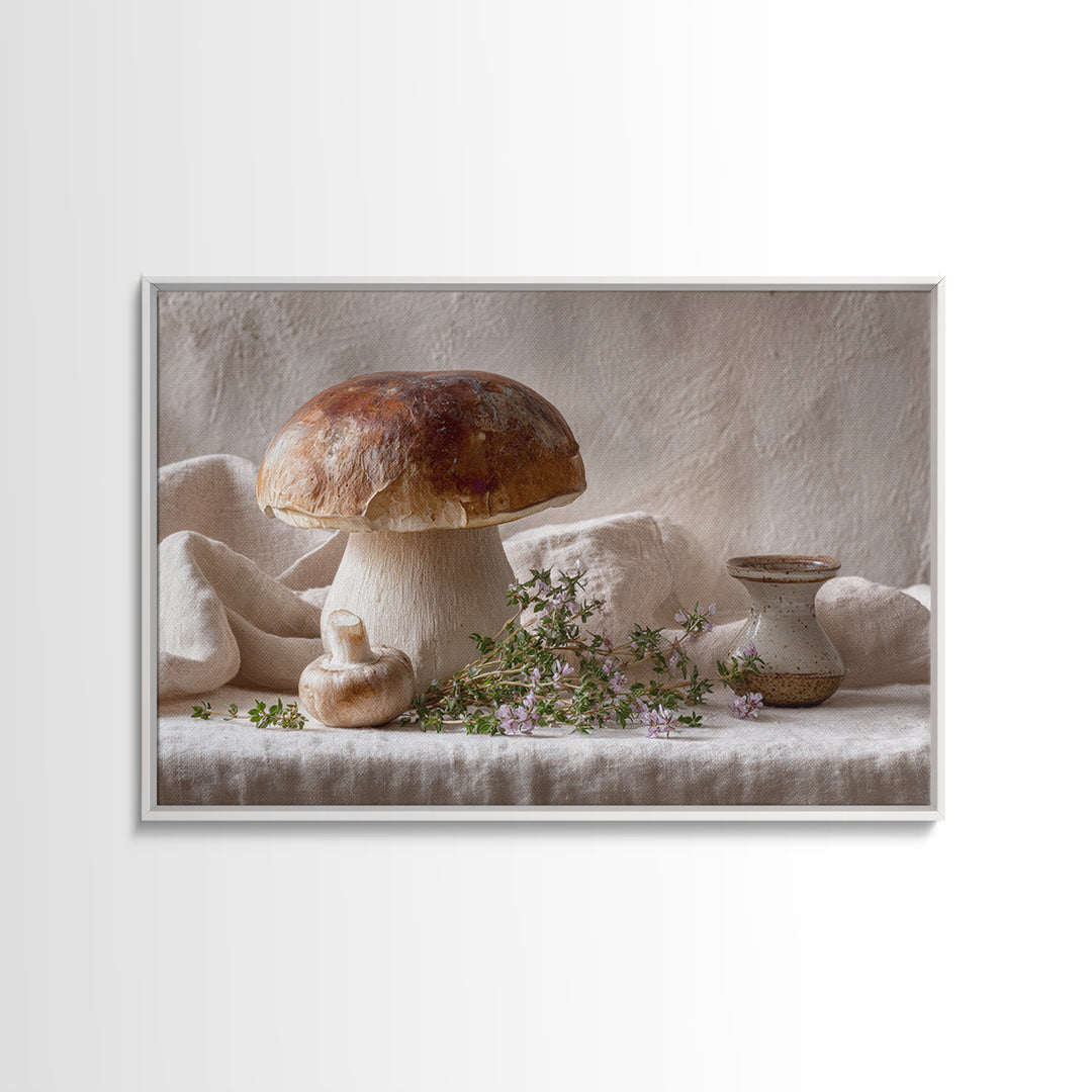 Mushrooms and Thyme Botanical Study Canvas Print, Kitchen Art, Textured Painting, Kitchen Decor, Watercolor Art, Kitchen, KIT-3x2-67