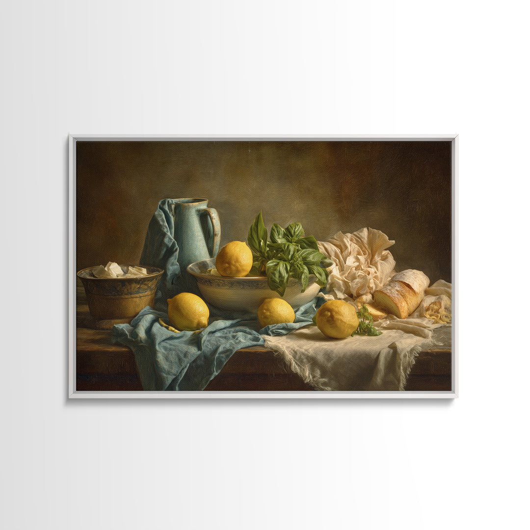 Pasta Lemons and Basil Mediterranean Still Life Framed Canvas Print, Kitchen Art, Poster Art, Kitchen Decor, Fine Art, Kitchen, KIT-3x2-69