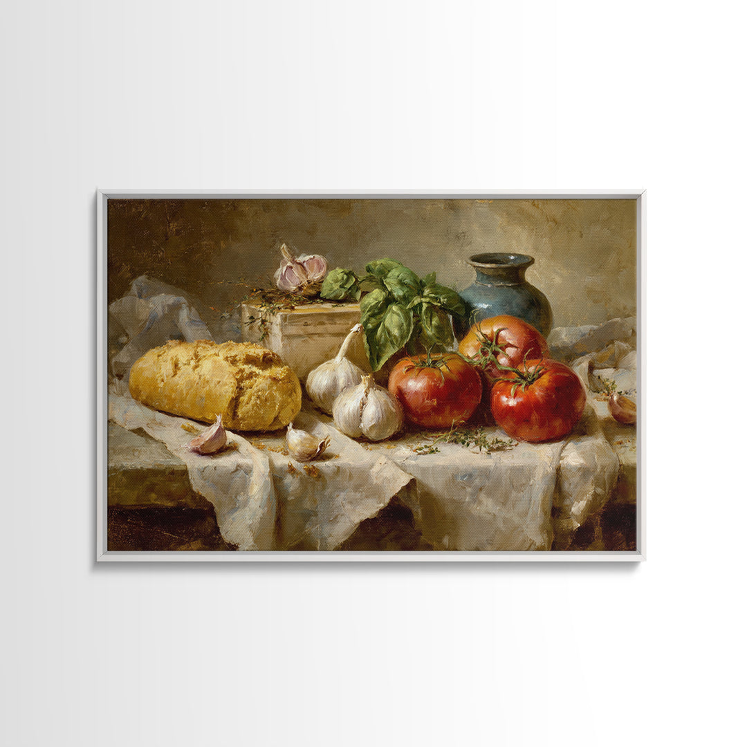 Tomatoes Garlic and Basil on Linen Framed Canvas Print, Kitchen Art, Home Decor, Kitchen Decor, Fine Art, Kitchen, KIT-3x2-7