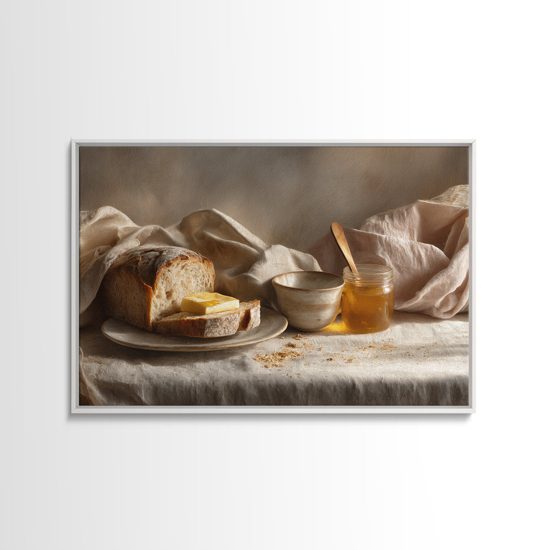 Fresh Bread with Butter and Honey Framed Canvas Print, Kitchen Art, Printable Art, Kitchen Decor, Kitchen, Coffee Wall Art, KIT-3x2-70