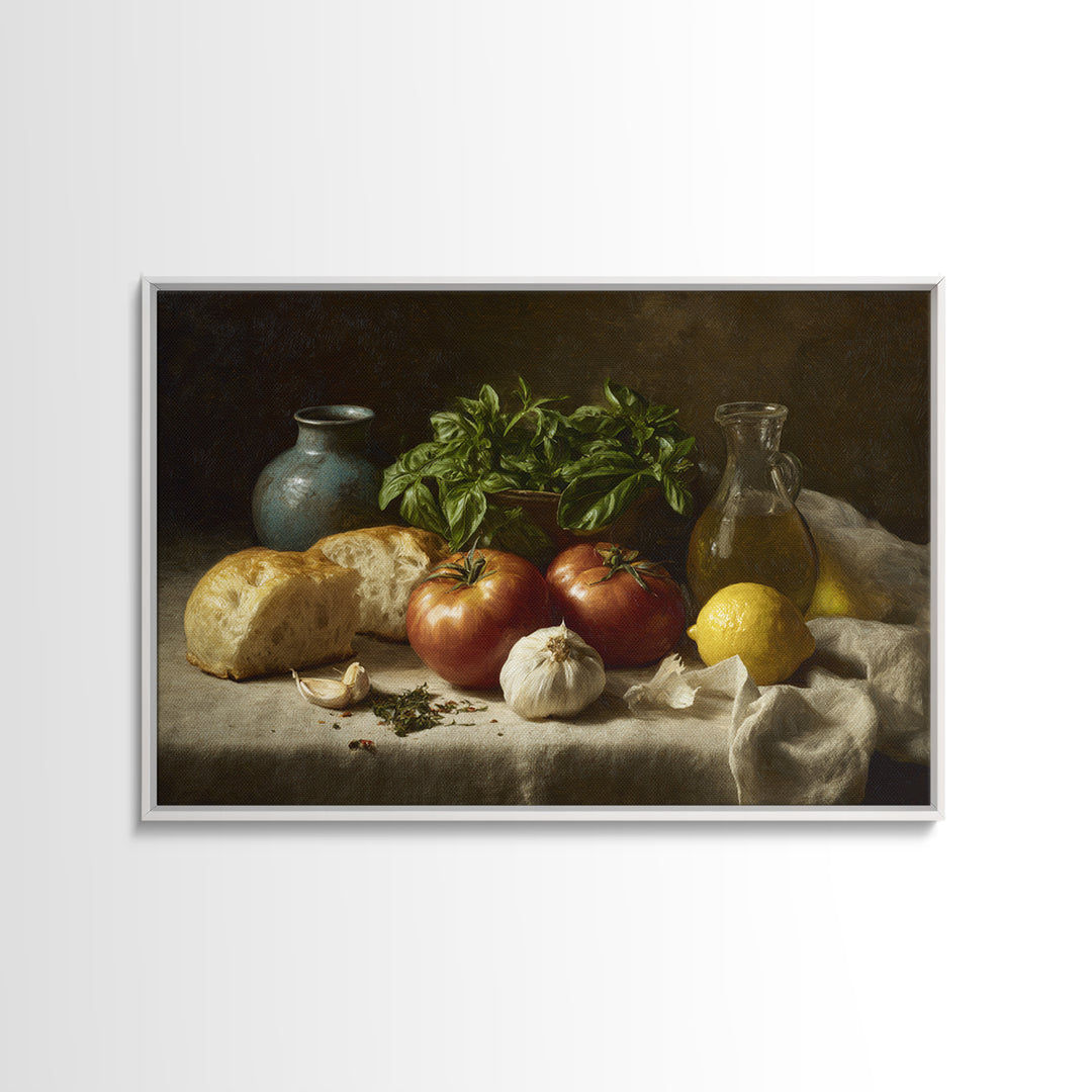 Tomatoes Garlic and Basil on Linen Framed Canvas Print, Kitchen Art, Kitchen Print, Kitchen Decor, Abstract Art, Kitchen, KIT-3x2-79