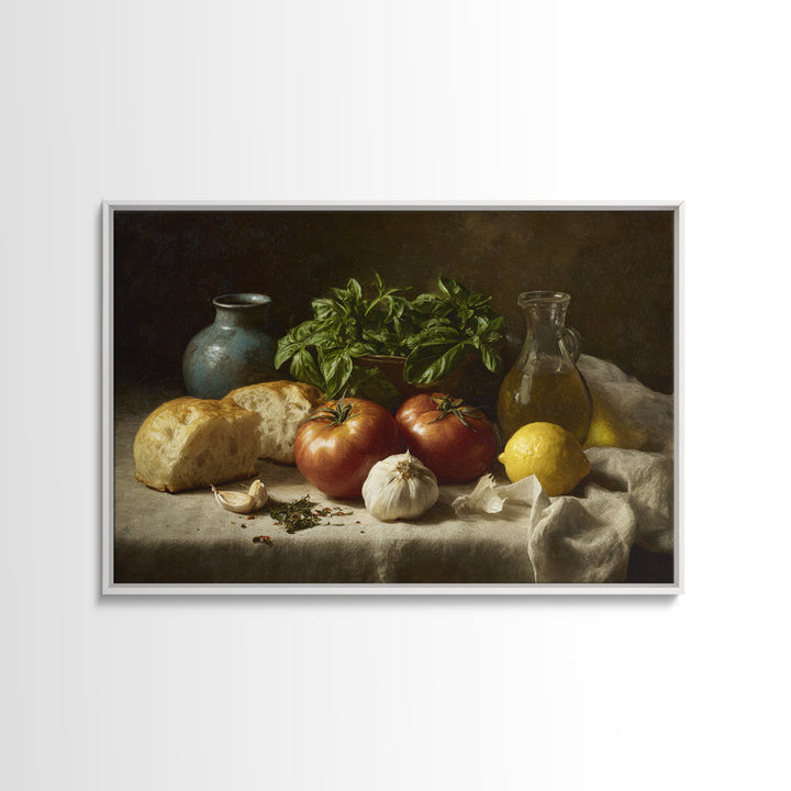 Tomatoes Garlic and Basil on Linen Framed Canvas Print, Kitchen Art, Kitchen Print, Kitchen Decor, Abstract Art, Kitchen, KIT-3x2-79