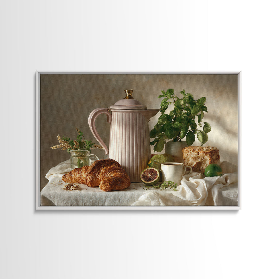 Coffee Pot and Croissant Morning Still Life Canvas Print, Kitchen Art, Wall Art, Kitchen Decor, Kitchen, Kitchen Wall Art, KIT-3x2-83