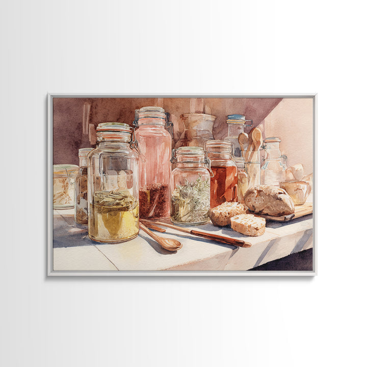 Watercolor Spice Jars Without Readable Labels Canvas Print, Kitchen Art, Coffee Print, Kitchen Decor, Oil Painting, Kitchen, KIT-3x2-89