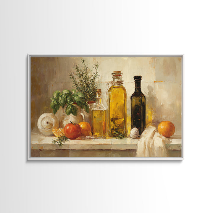 Olive Oil Bottle and Rosemary Branch Framed Canvas Print, Kitchen Art, Printable Art, Kitchen Decor, Oil Painting, Kitchen, KIT-3x2-9