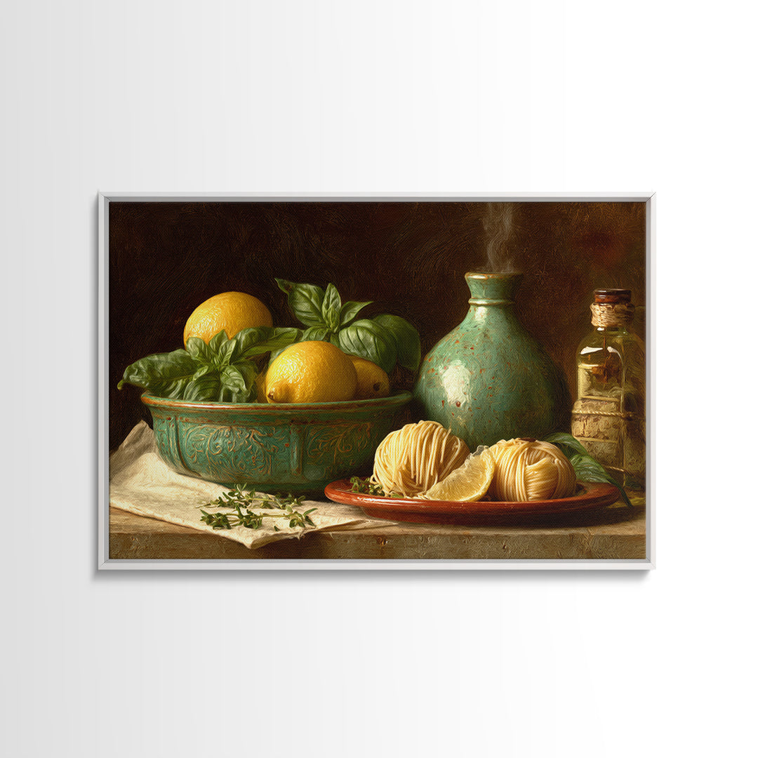 Pasta Lemons and Basil Mediterranean Still Life Canvas Print, Kitchen Art, Kitchen Art Print, Kitchen Decor, Fine Art, Kitchen, KIT-3x2-93