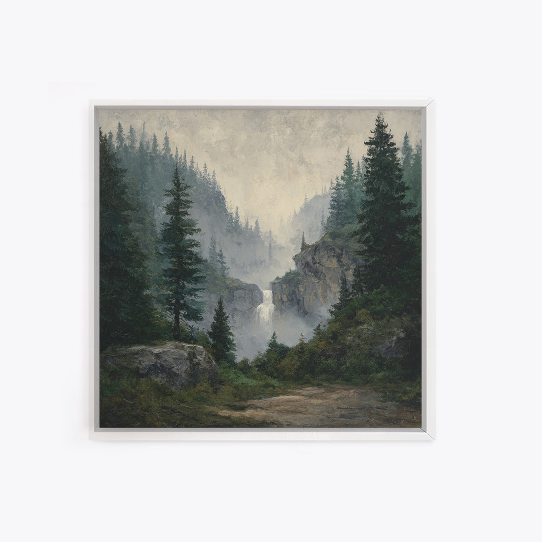 Waterfall Hidden in Dense Forest Framed Canvas Print, Landscape Art, Decor, Living Room Decor, Oil Painting, Horizon, LAN-1x1-12