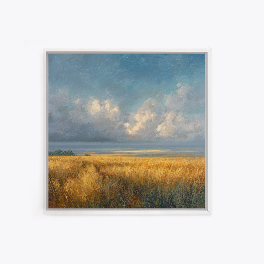 Golden Wheat Field Beneath Huge Clouds Framed Canvas Print, Landscape Art, Wall Art Print, Living Room Decor, Fine Art, Horizon, LAN-1x1-24