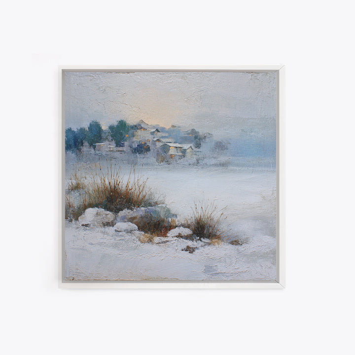 Snow Covered Alpine Village at Dusk Canvas Print, Landscape Art, Abstract Wall Art, Living Room Decor, Fine Art, Horizon, LAN-1x1-31