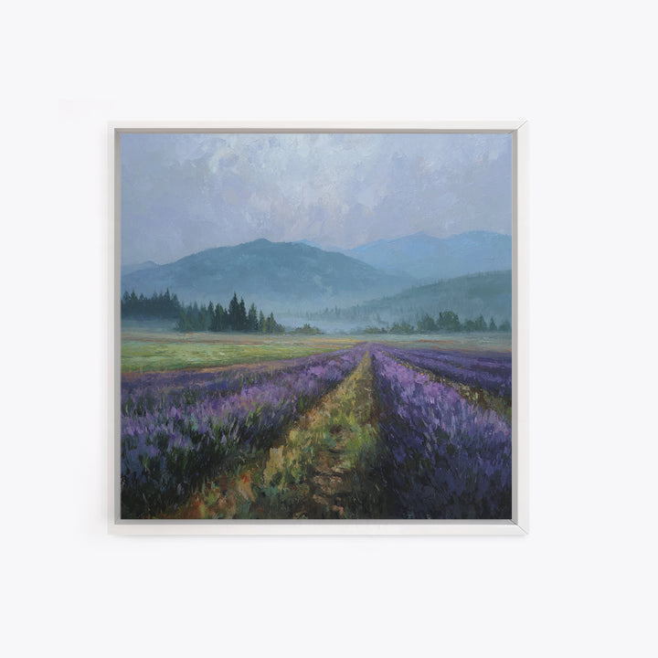 Lavender Field Leading to Distant Hills Framed Canvas Print, Landscape Art, Modern Art, Living Room Decor, Watercolor Art, LAN-1x1-34
