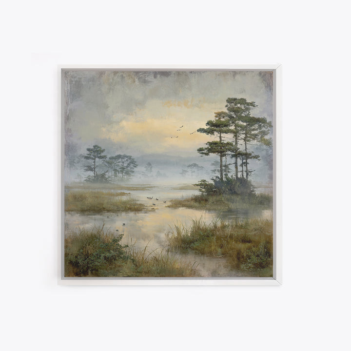 Misty Cypress Swamp Framed Canvas Print, Landscape Art, Living Room Wall Art, Living Room Decor, Oil Painting, Horizon, LAN-1x1-46