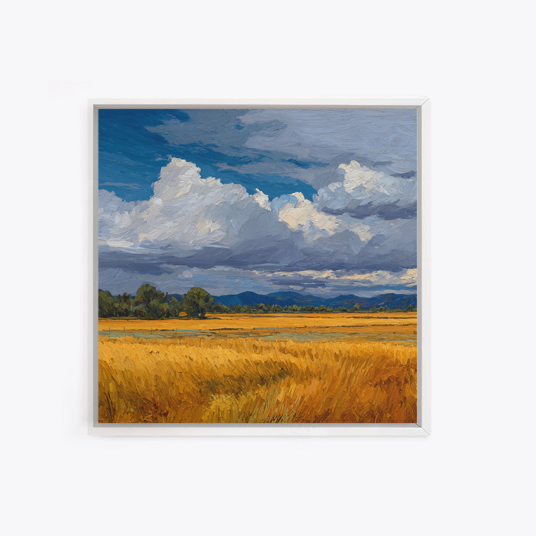 Golden Wheat Field Beneath Huge Clouds Framed Canvas Print, Landscape Art, Decor, Living Room Decor, Oil Painting, Horizon, LAN-1x1-48