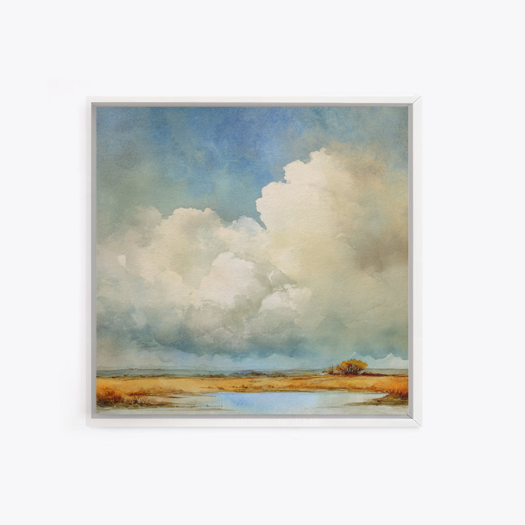 Storm Clouds over an Open Prairie Framed Canvas Print, Landscape Art, Floral Wall Art, Living Room Decor, Fine Art, Horizon, LAN-1x1-51