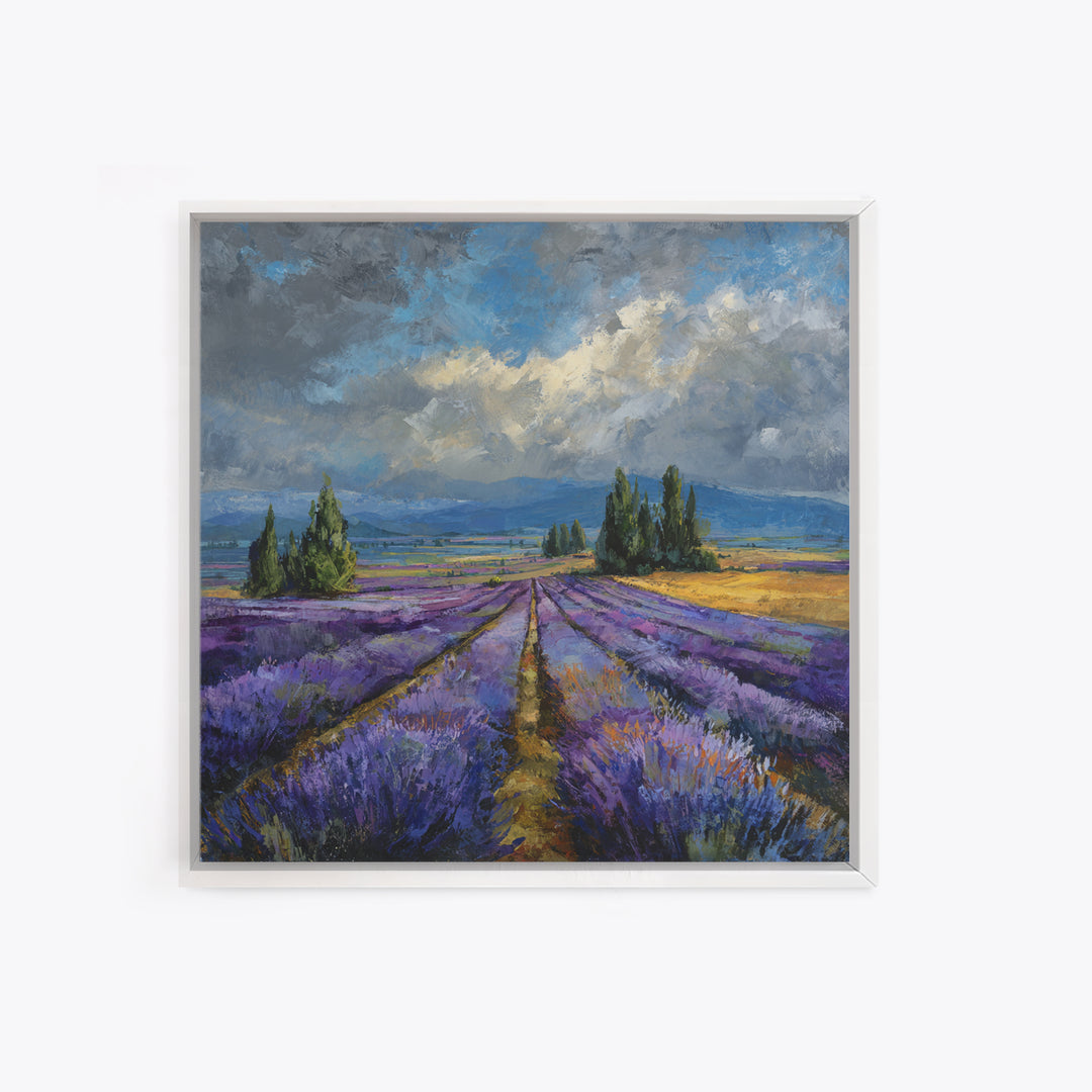 Lavender Field Leading to Distant Hills Framed Canvas Print, Landscape Art, Modern Art, Living Room Decor, Watercolor Art, LAN-1x1-58