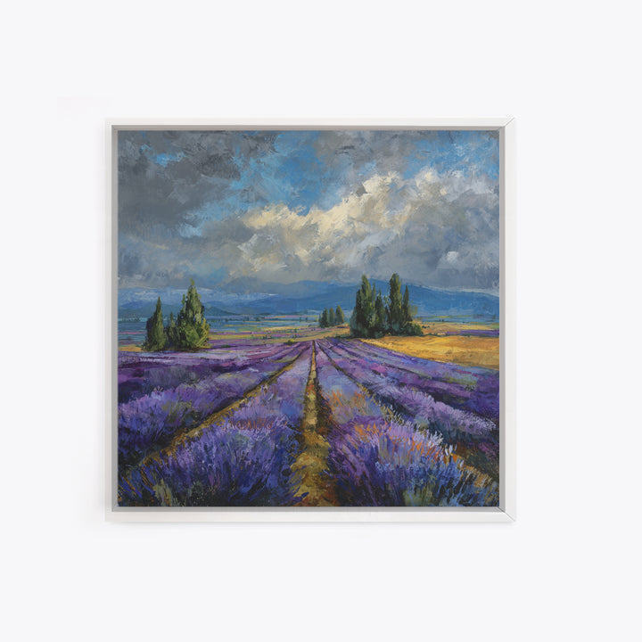 Lavender Field Leading to Distant Hills Framed Canvas Print, Landscape Art, Modern Art, Living Room Decor, Watercolor Art, LAN-1x1-58