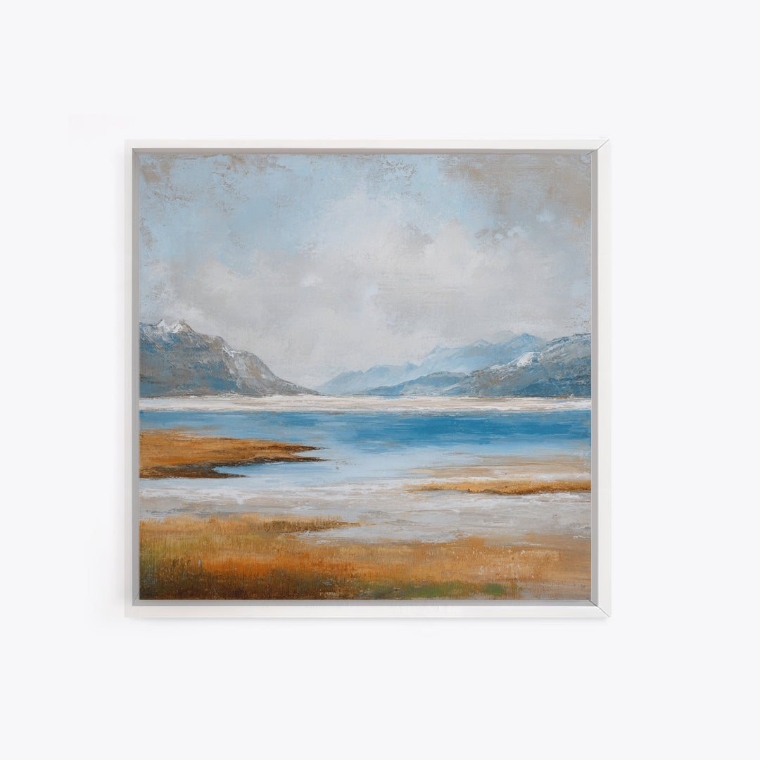 Fjord Landscape with Icy Blue Water Framed Canvas Print, Landscape Art, Neutral Decor, Living Room Decor, Oil Painting, Horizon, LAN-1x1-63