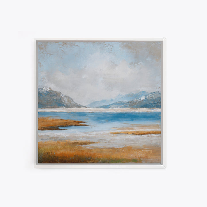 Fjord Landscape with Icy Blue Water Framed Canvas Print, Landscape Art, Neutral Decor, Living Room Decor, Oil Painting, Horizon, LAN-1x1-63